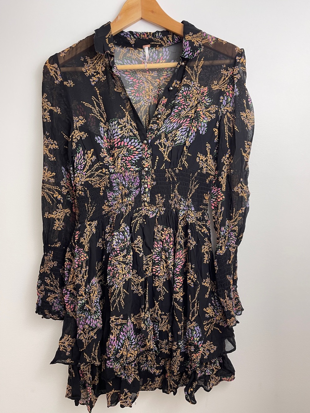 Free People Black Floral Print Button-Front Top/mini dress Size XS